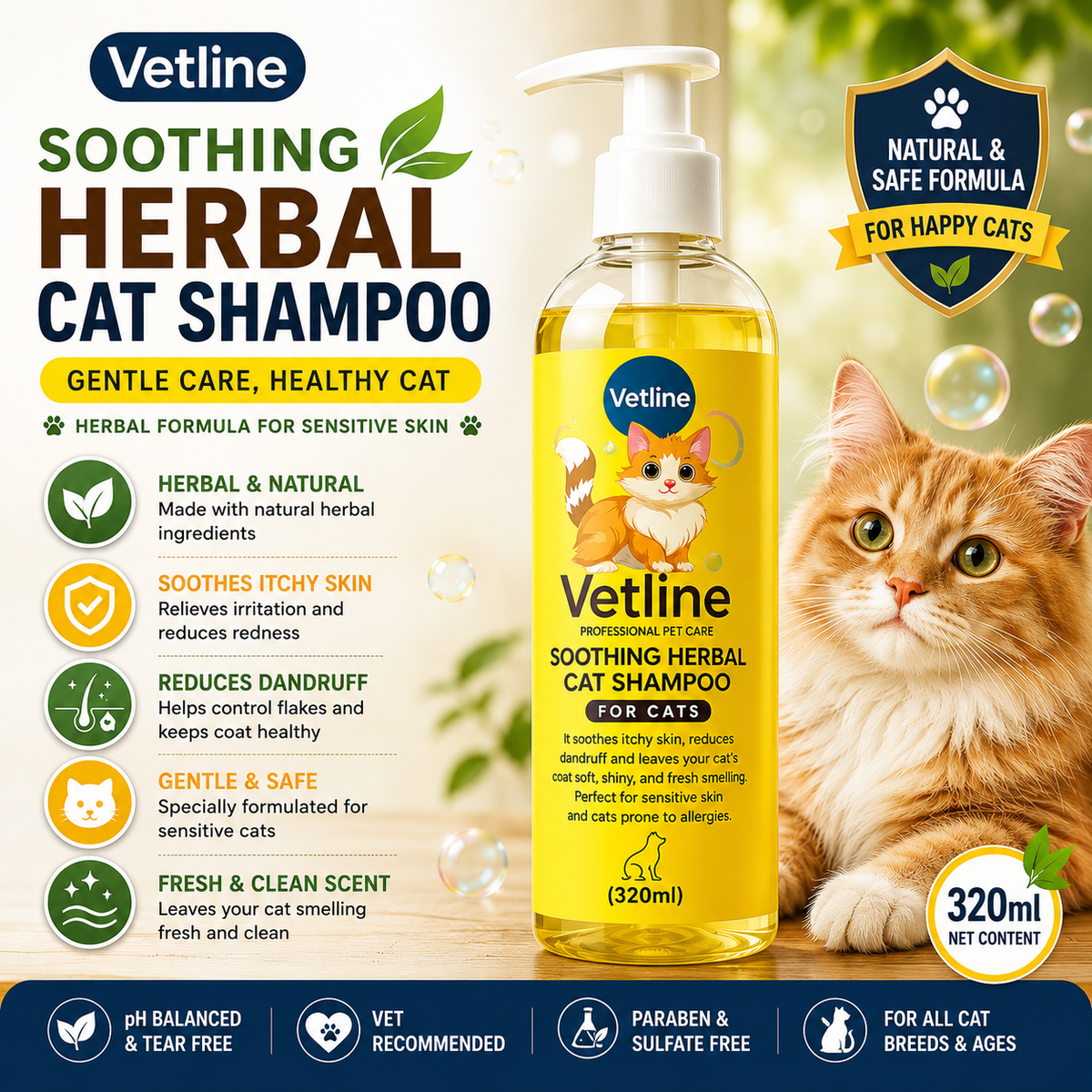 Vetline Soothing Herbal Cat Shampoo – 320ml | For Sensitive Skin