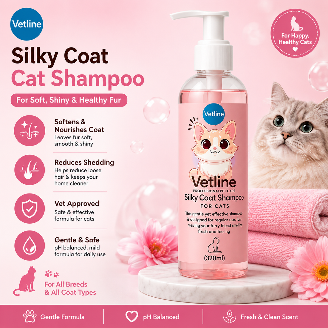 Vetline Silky Coat Shampoo for Cats – 320ml | Gentle Cleansing & Soft Fur Care