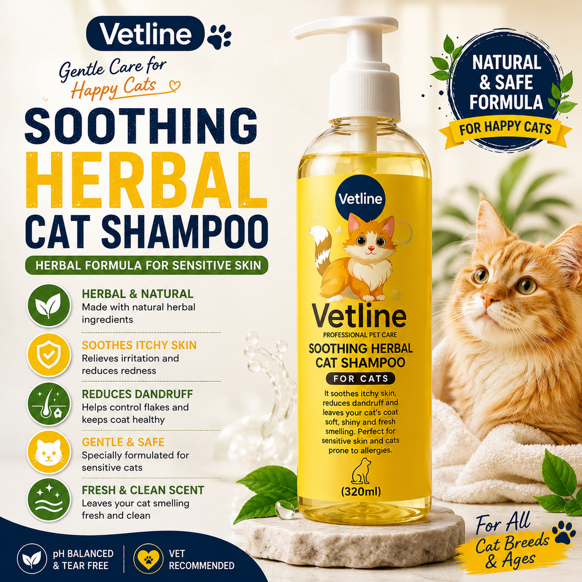 Vetline Soothing Herbal Cat Shampoo – 320ml | For Sensitive Skin