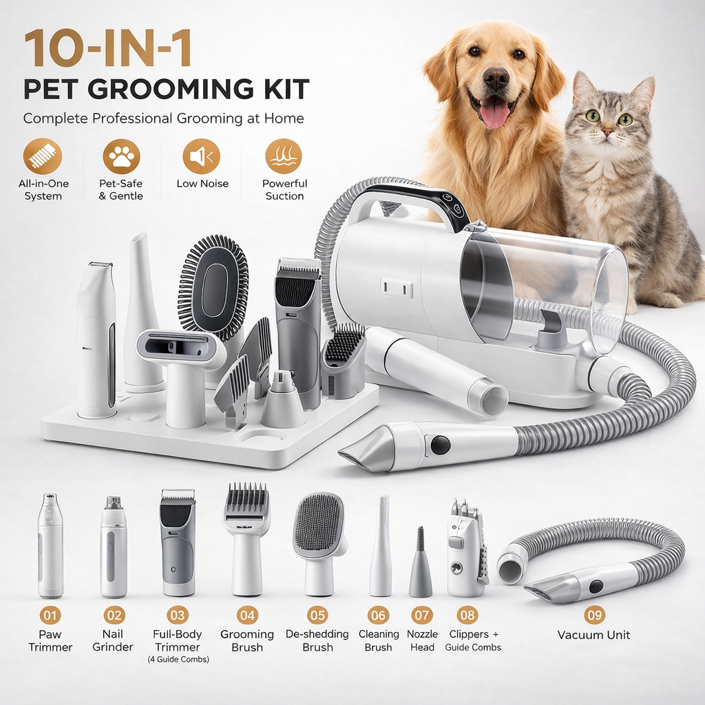 Nexora™ 10‑in‑1 Professional Pet Grooming Vacuum Kit
