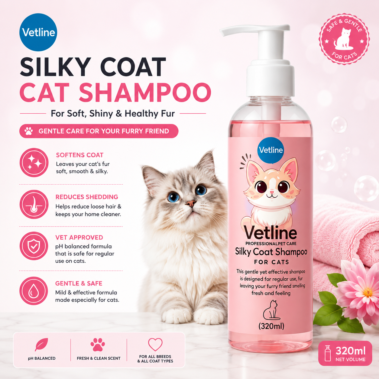 Vetline Silky Coat Shampoo for Cats – 320ml | Gentle Cleansing & Soft Fur Care