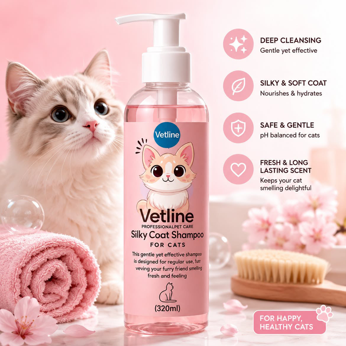 Vetline Silky Coat Shampoo for Cats – 320ml | Gentle Cleansing & Soft Fur Care