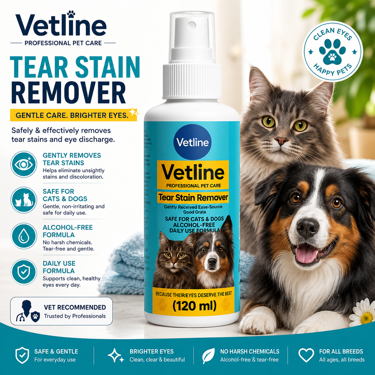 Vetline Tear Stain Remover Spray for Cats & Dogs | Gentle Eye & Face Cleaner | 120ml