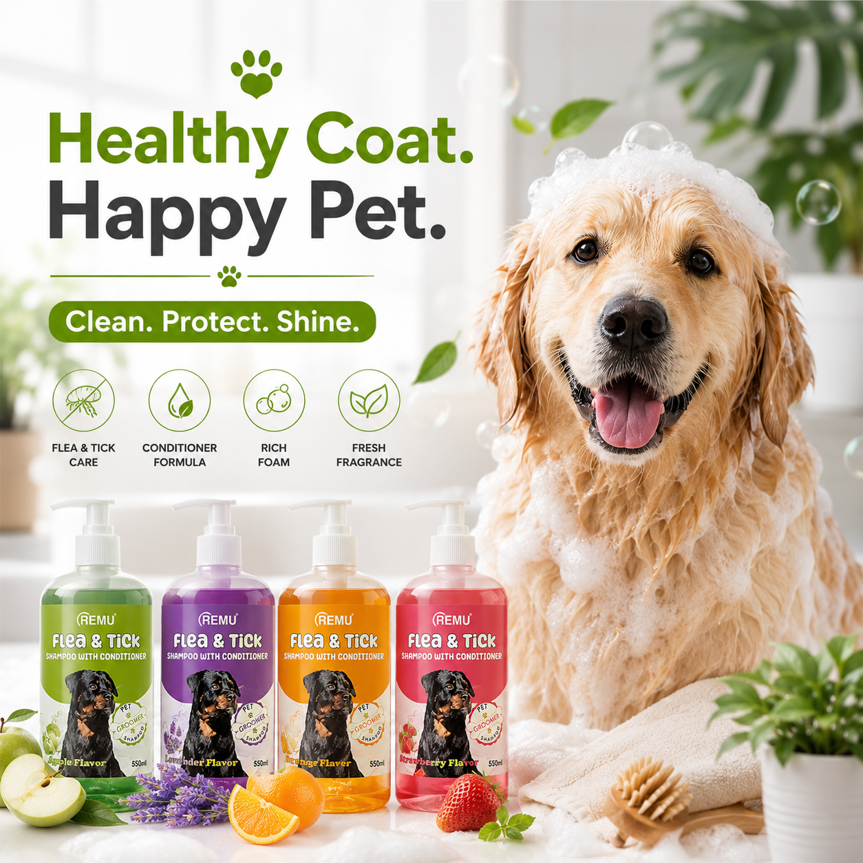 Nexora™ Flea & Tick Groomer Shampoo with Conditioner 550ml — Deep Cleansing Pet Shampoo for Dogs & Cats | Flea & Tick Care | Apple, Lavender, Orange & Strawberry