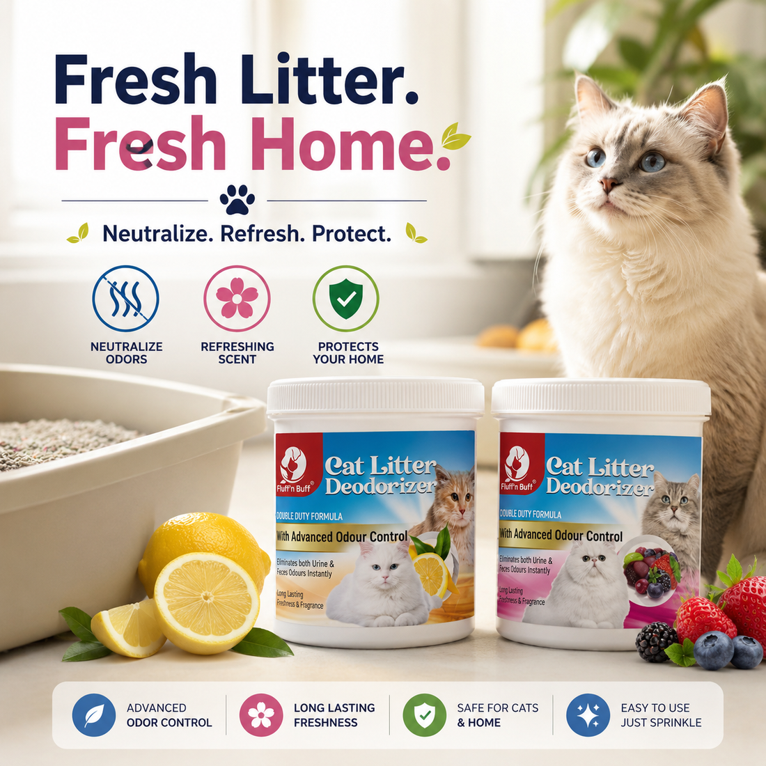 Nexora™ Cat Litter Deodorizer 400g — Advanced Odor Control with Long-Lasting Fresh Lemon & Berry Fragrance