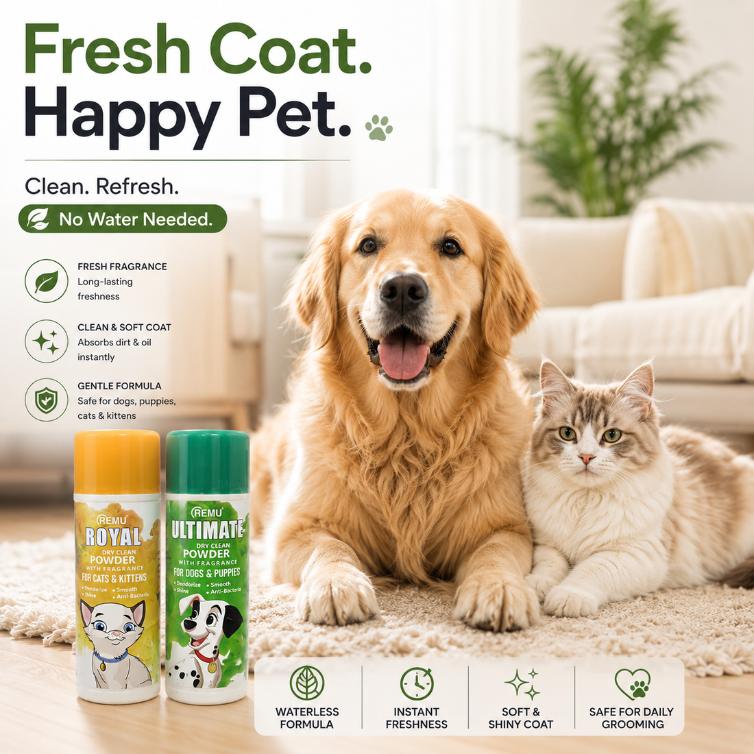 Nexora™ FreshCare Waterless Dry Clean Powder — No-Rinse Grooming Powder for Dogs, Puppies, Cats & Kittens with Long-Lasting Fresh Fragrance