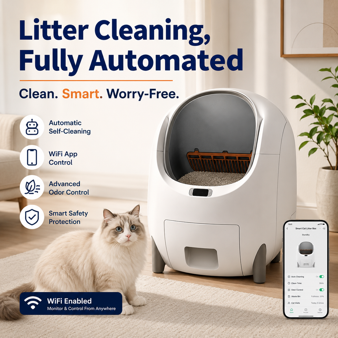 Nexora™ SmartClean WiFi Automatic Cat Litter Box — Self-Cleaning, App Control, Odor Control & Smart Safety Sensors