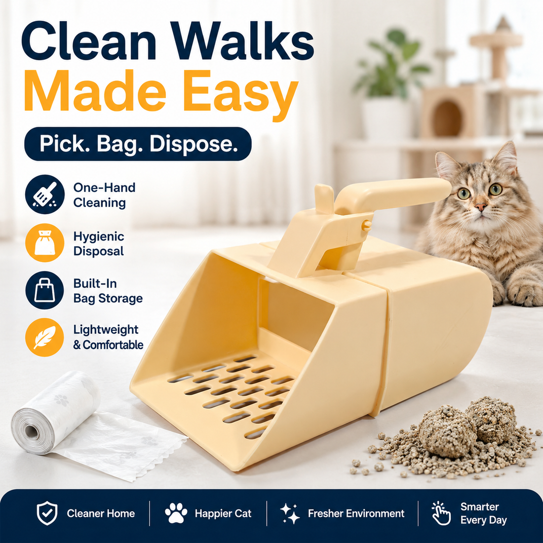 Nexora™ CleanScoop Pro — One-Handed Cat Litter Scoop with Built-In Waste Bin & Disposable Bag System