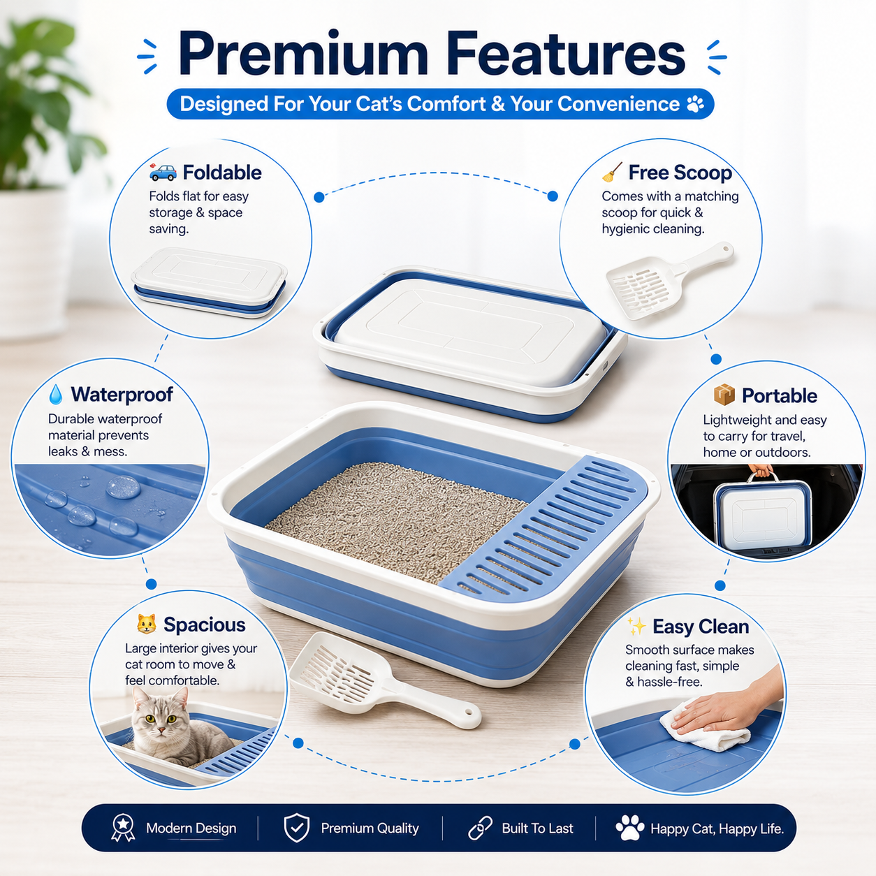Nexora™ FoldEase Cat Litter Box — Foldable Portable Cat Litter Tray with Scoop for Clean, Comfortable & Hassle-Free Travel [21x16 inches]