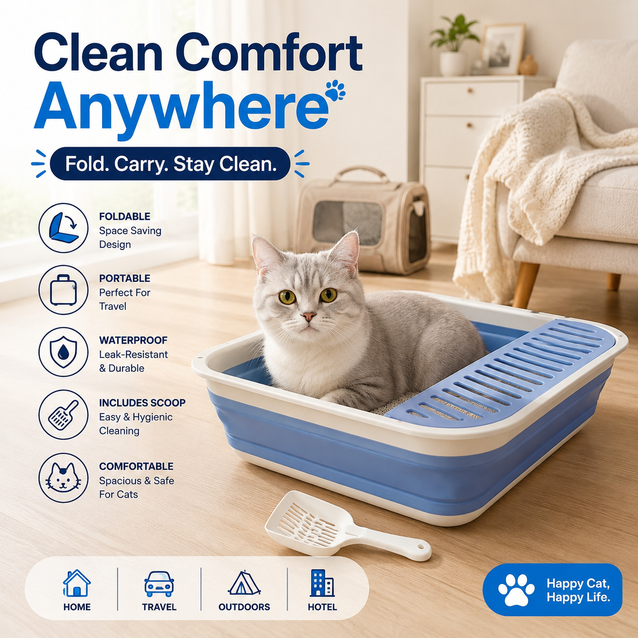 Nexora™ FoldEase Cat Litter Box — Foldable Portable Cat Litter Tray with Scoop for Clean, Comfortable & Hassle-Free Travel [21x16 inches]