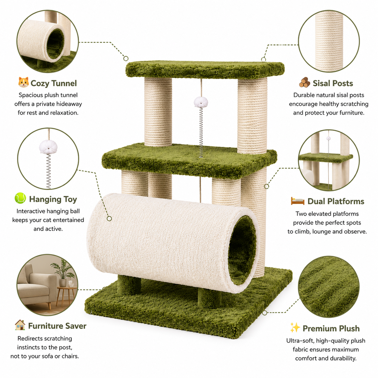 Nexora™ CozyTunnel Cat Tree 85cm — Multi-Level Cat Scratching Tower with Plush Tunnel, Sisal Posts & Elevated Lounges