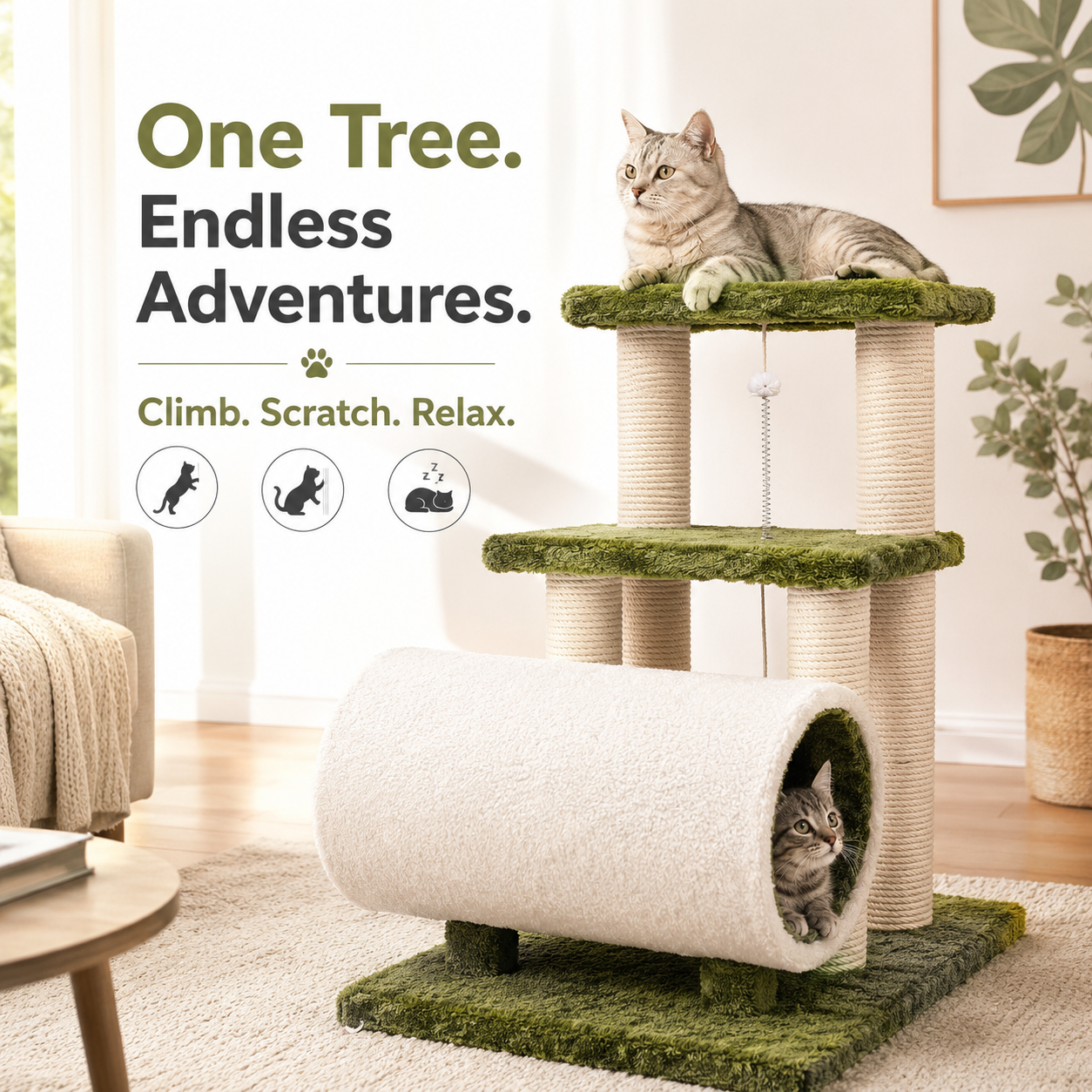 Nexora™ CozyTunnel Cat Tree 85cm — Multi-Level Cat Scratching Tower with Plush Tunnel, Sisal Posts & Elevated Lounges