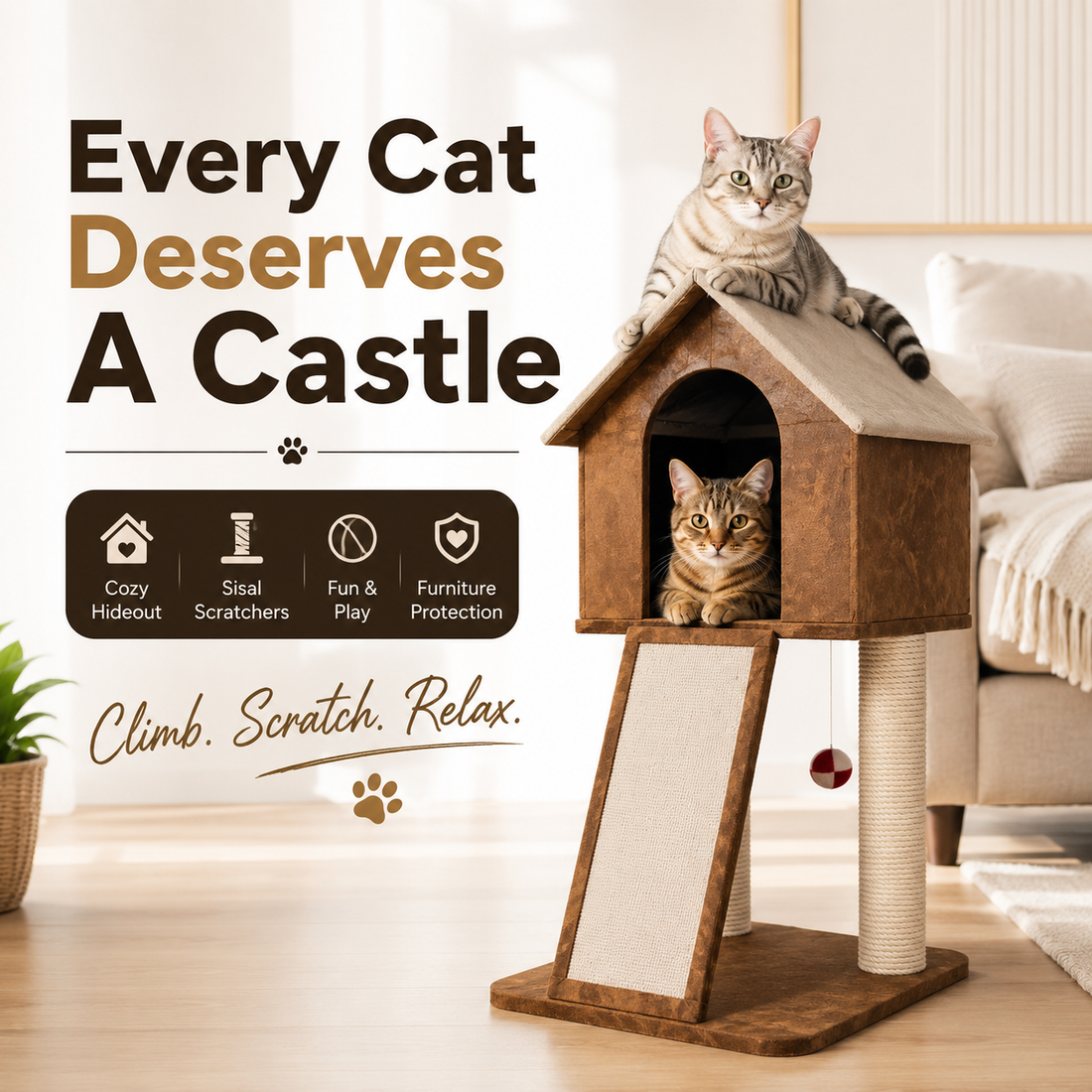 Nexora™ Woodland Cat Castle 92 — Premium Multi-Level Cat House with Scratching Posts, Cozy Hideout, Climbing Ramp & Interactive Play Ball [92cm]