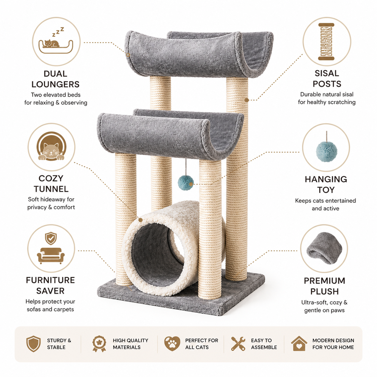 Nexora™ SkyLounge Cat Tower — Multi-Level 80cm Cat Tree with Dual Curved Lounges, Cozy Tunnel & Premium Sisal Scratching Posts