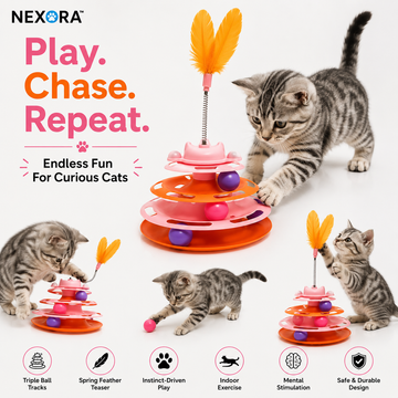 Nexora™ PlayPounce Tower — Interactive Multi-Level Cat Ball Track & Feather Toy