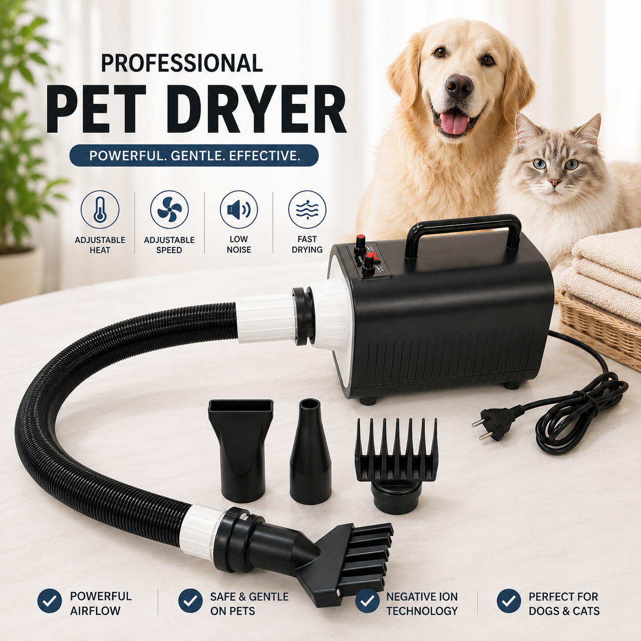 Professional Pet Hair Dryer with Adjustable Heat & Speed for Dogs & Cats