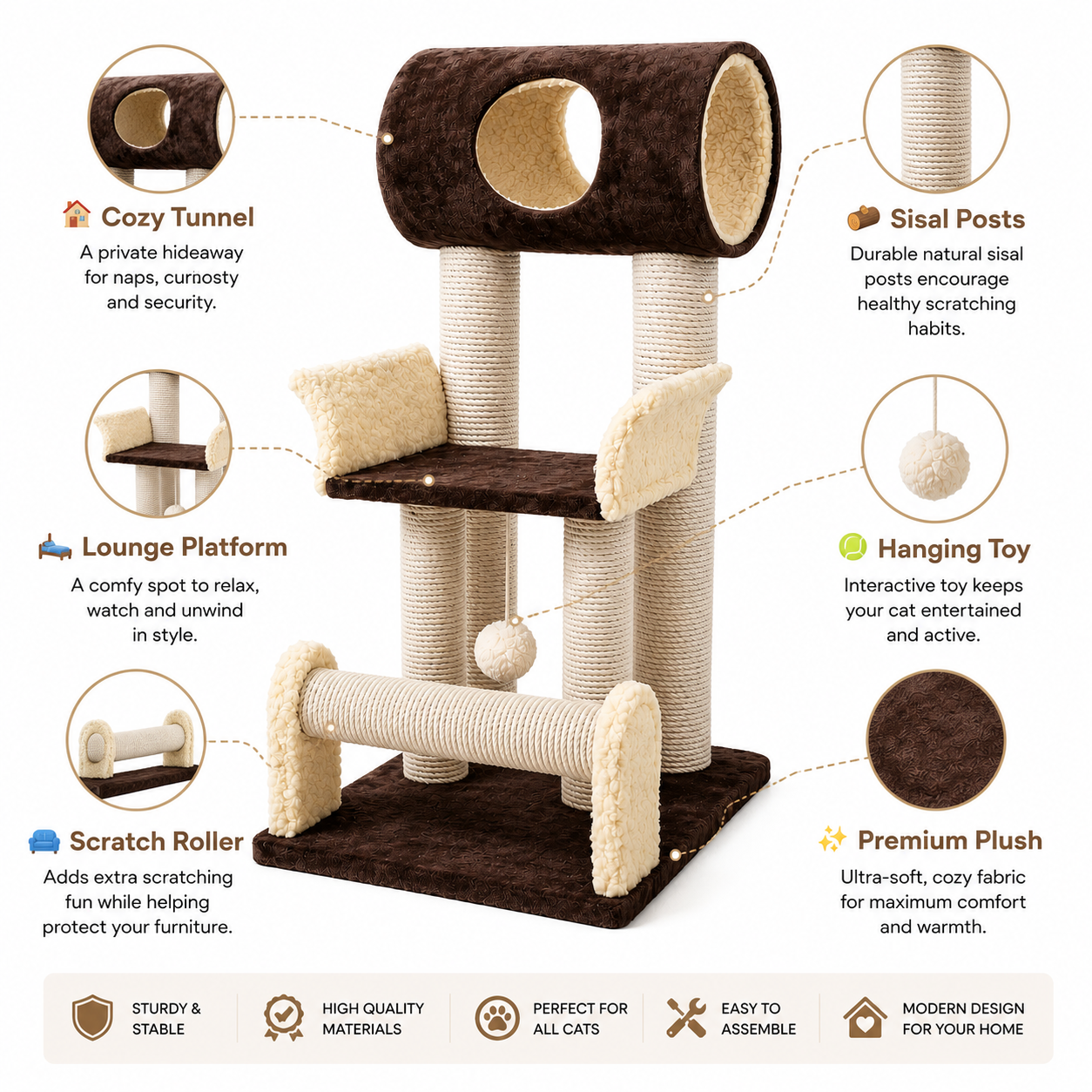 Nexora™ EagleNest Cat Tree — Premium Multi-Level Cat Tower with Cozy Tunnel, Sisal Scratch Posts, Lounge Platform & Interactive Play Ball (82cm)