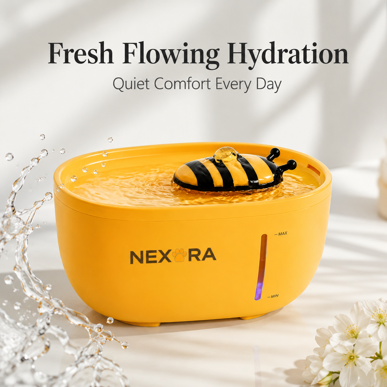 Nexora™ BuzzFlow — Silent Filtered Bee Water Fountain For Pets