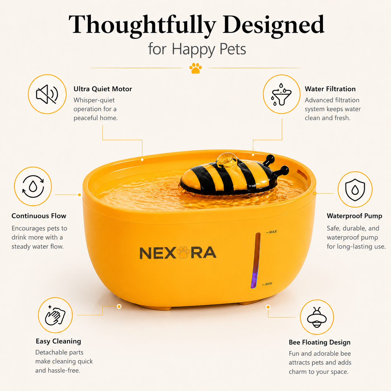 Nexora™ BuzzFlow — Silent Filtered Bee Water Fountain For Pets