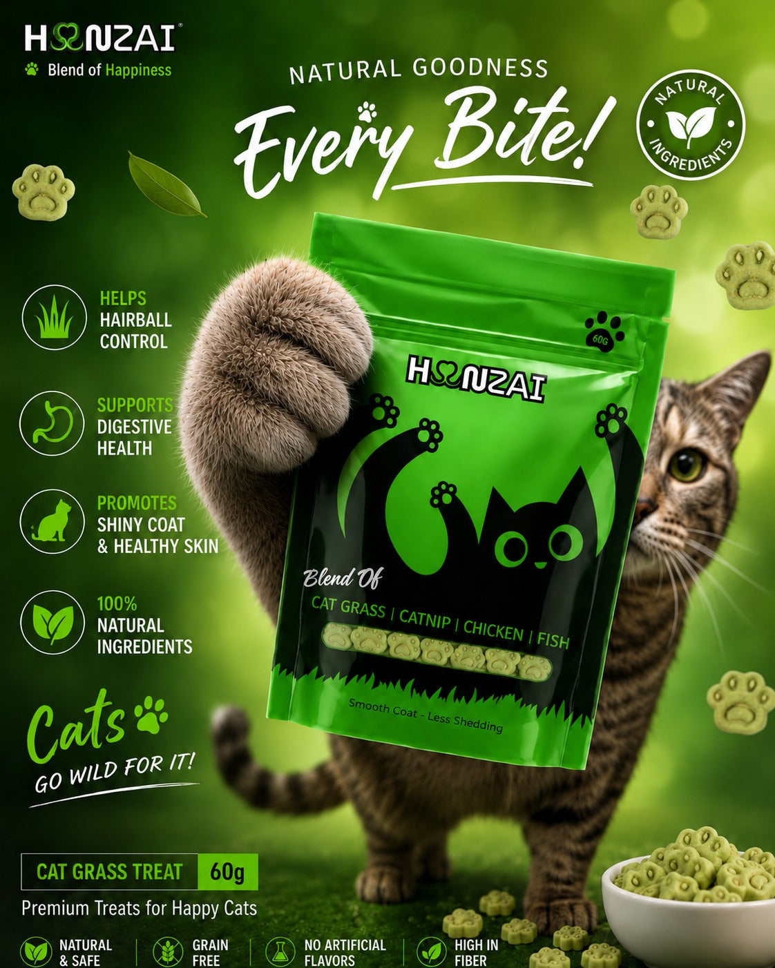 Hanzi Cat Grass Treats – 60g | Cat Grass, Catnip, Chicken & Fish Blend