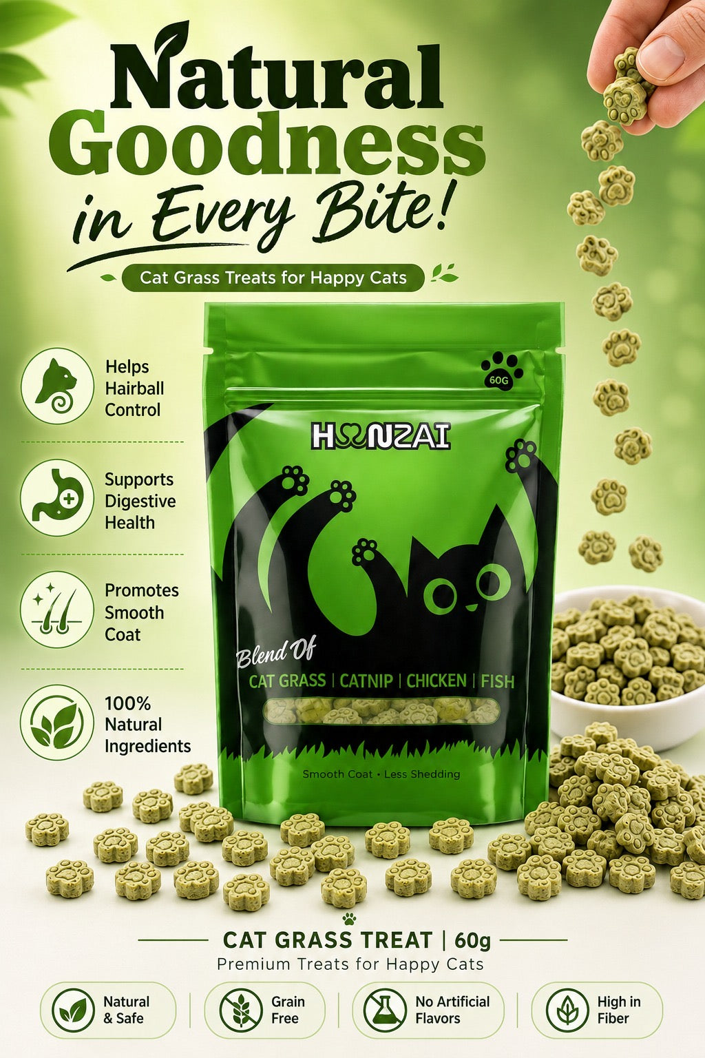 Hanzi Cat Grass Treats – 60g | Cat Grass, Catnip, Chicken & Fish Blend