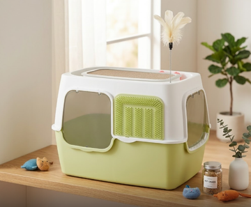 3-in-1 Enclosed Cat Litter Box with Scratching Post & Teaser Wand