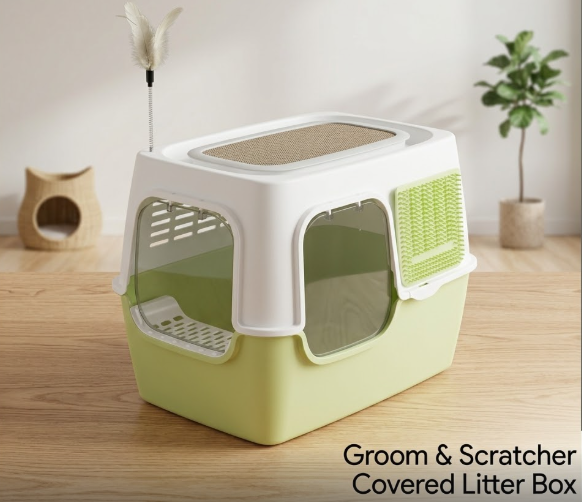 3-in-1 Enclosed Cat Litter Box with Scratching Post & Teaser Wand