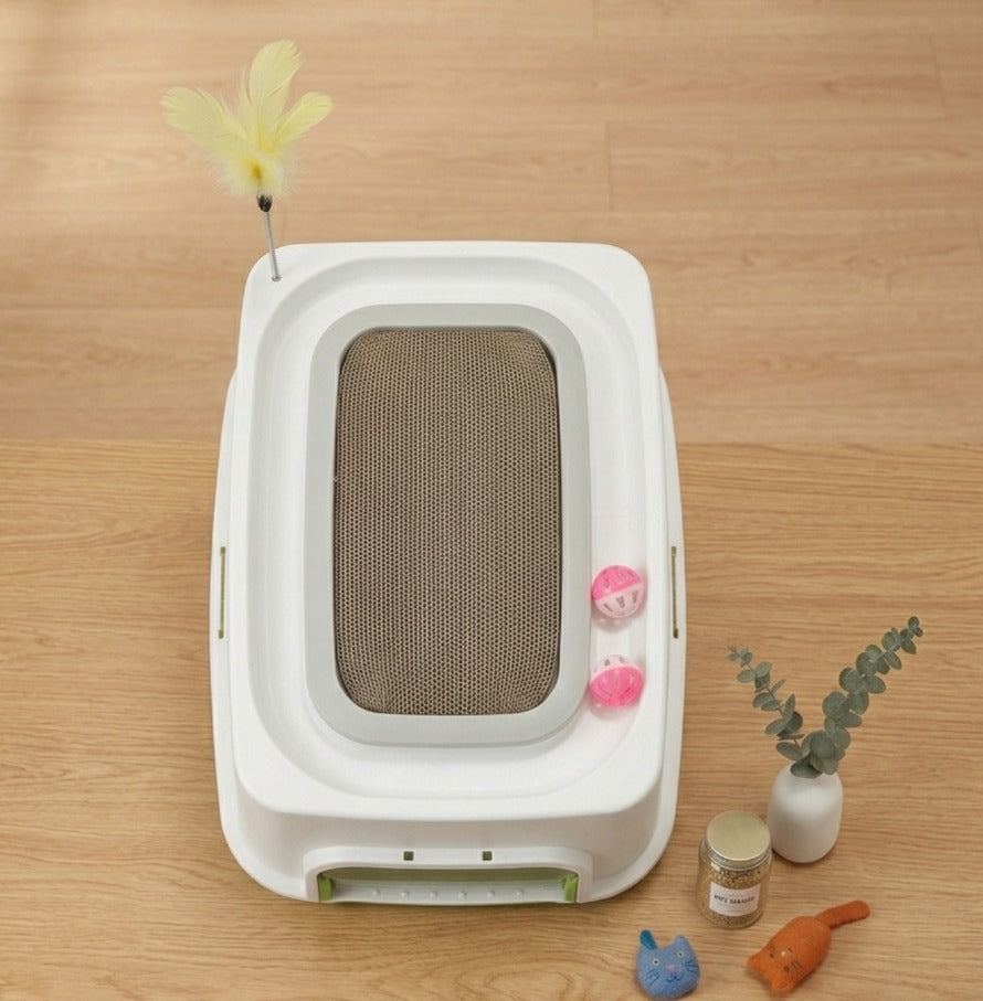 3-in-1 Enclosed Cat Litter Box with Scratching Post & Teaser Wand